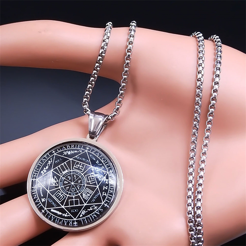Collana con talismano Salomone in acciaio inossidabile e vetro con medaglia dei sette angeli, sigillo di protezione per gioielli_voghion.com