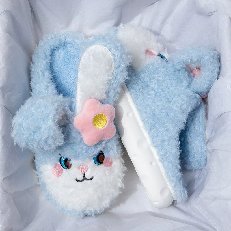 Qidan Shoe Factory, милые хлопковые тапочки с кроликом, женские зимние домашние теплые утолщенные тапочки Баотоу на флисовой подкладке с сердечками для девочек