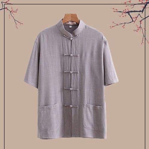 Chinese-style cotton linen short-sleeve men's Tang suit summer youth cotton linen top vintage buttoned collared shirt monastic attire