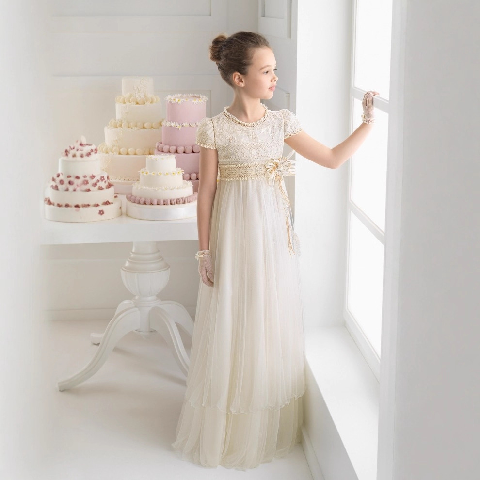 Ropa floral para niños europeos y americanos, vestidos de novia, vestidos largos de encaje para niñas, trajes de espectáculo, vestidos de princesa con lazo para cumpleaños.