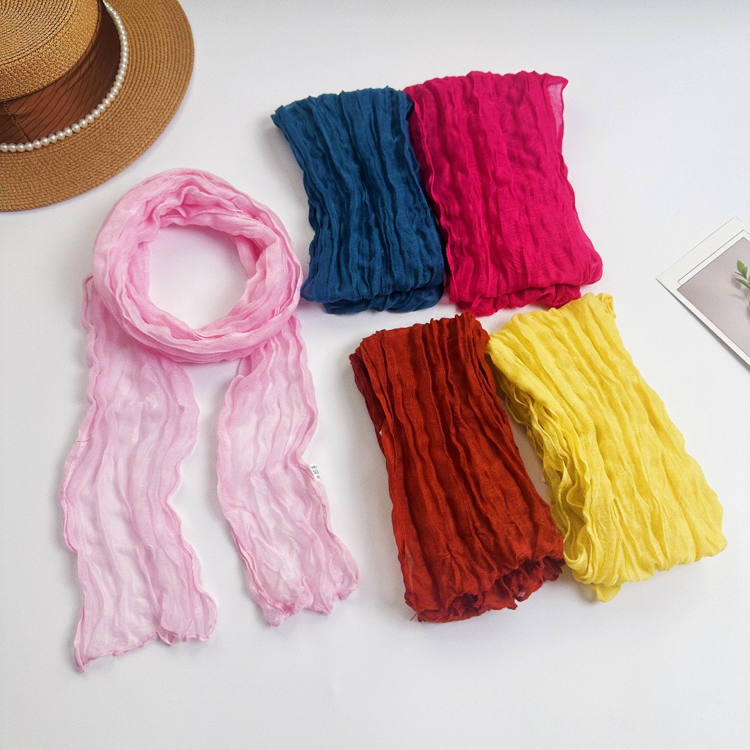 Women's long pleated ribbon scarf with small twisted patterns, new style in candy colors, crinkled silk scarf, solid color, easy to match