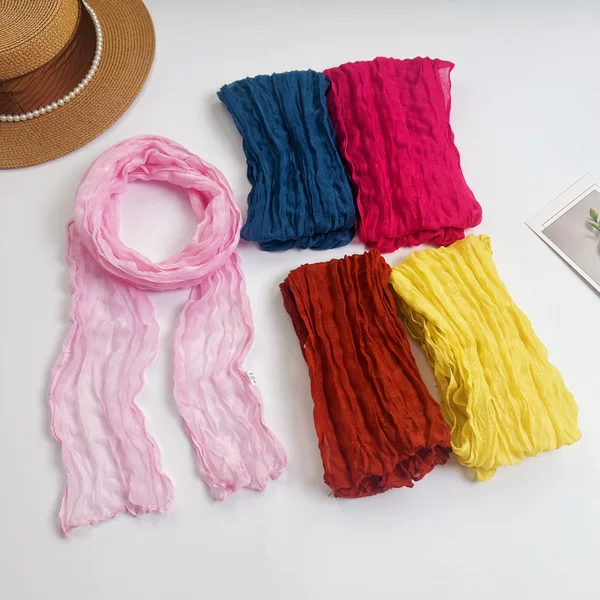 Women's long pleated ribbon scarf with small twisted patterns, new style in candy colors, crinkled silk scarf, solid color, easy to match