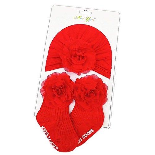 Autumn and winter baby fetal cap red chiffon flower hat cute boneless socks set baby fontanel protection Indian hat New Year