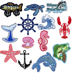 海をテーマにした刺繍布ステッカーセット魚、エビ、ウミガメ、アンカー、イルカ刺繍ラベル、衣類アクセサリーパッチステッカー