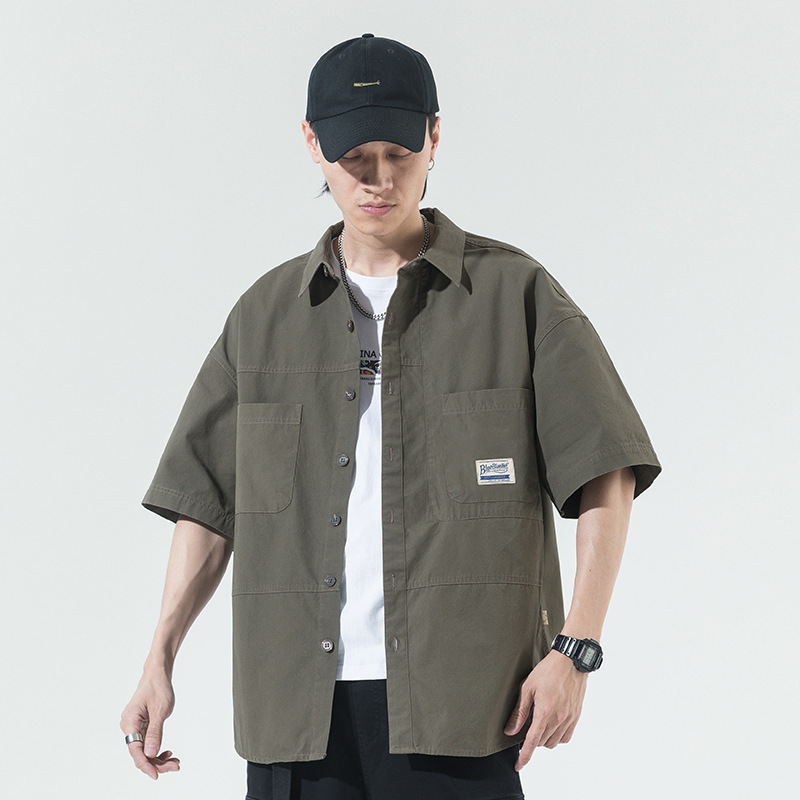 Summer Hong Kong Style Tooling Short-sleeved Shirt Men's Japanese Style Casual Loose Shirt Jacket Shoused Half-sleeved Shirt