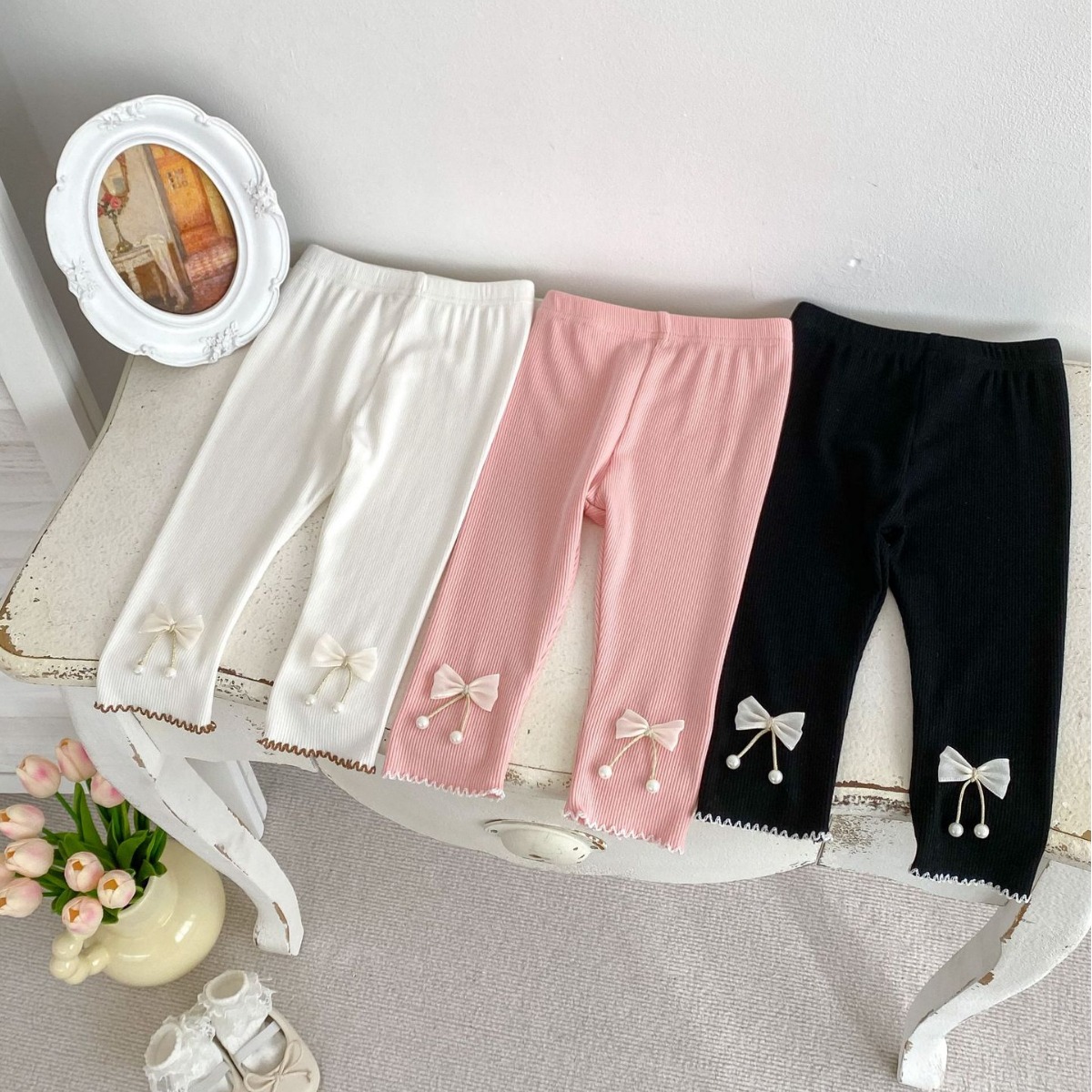 2024 New Summer Girls Pants Thin Breathable Solid Color Pit Pants Sweet Bow Casual Pants Outer Wear