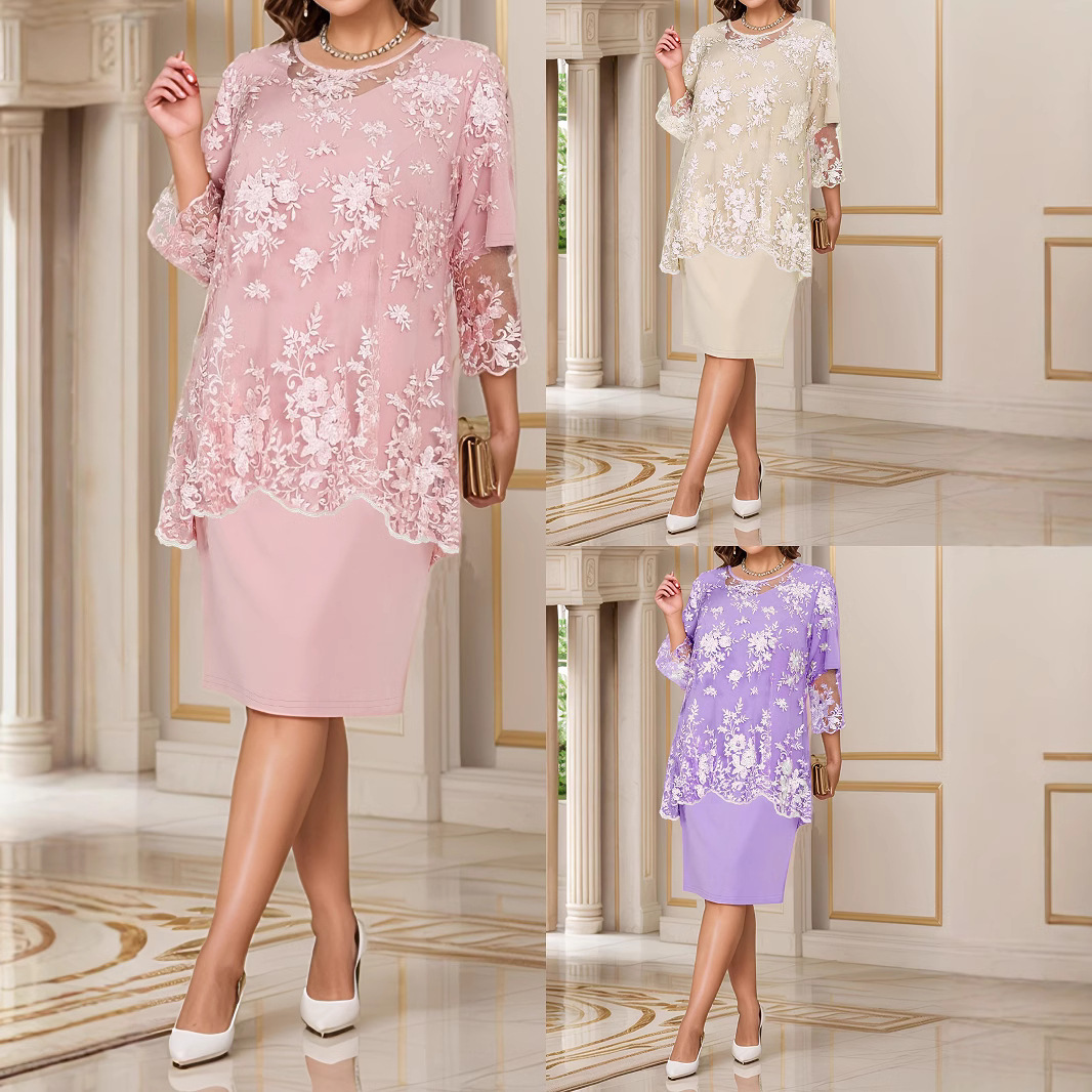 2025 spring and summer Europe and the United States new cross-border Amazon elegant women's evening dress lace fake two-piece dress women