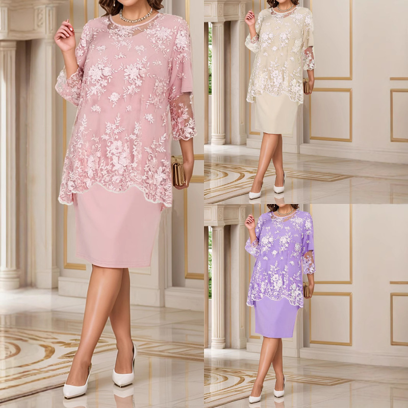 2025 spring and summer Europe and the United States new cross-border Amazon elegant women's evening dress lace fake two-piece dress women