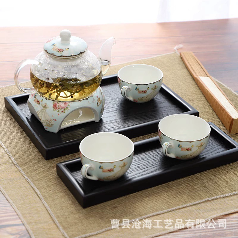 Japanese black wooden rectangular dinner plate for home use with glass from natural wood, dessert tea set