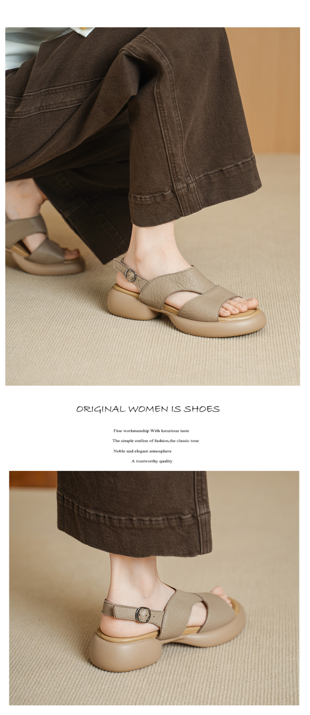 Sandal nữ hở mũi gót vuông đế dày quai ngang — Xám voi chi tiết 8