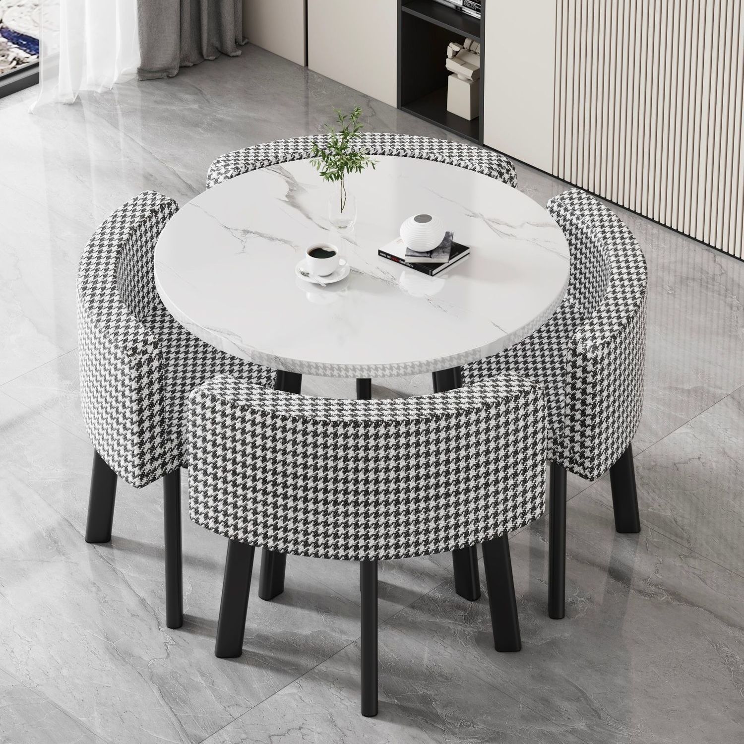 White round table + four houndstooth cloth chairs