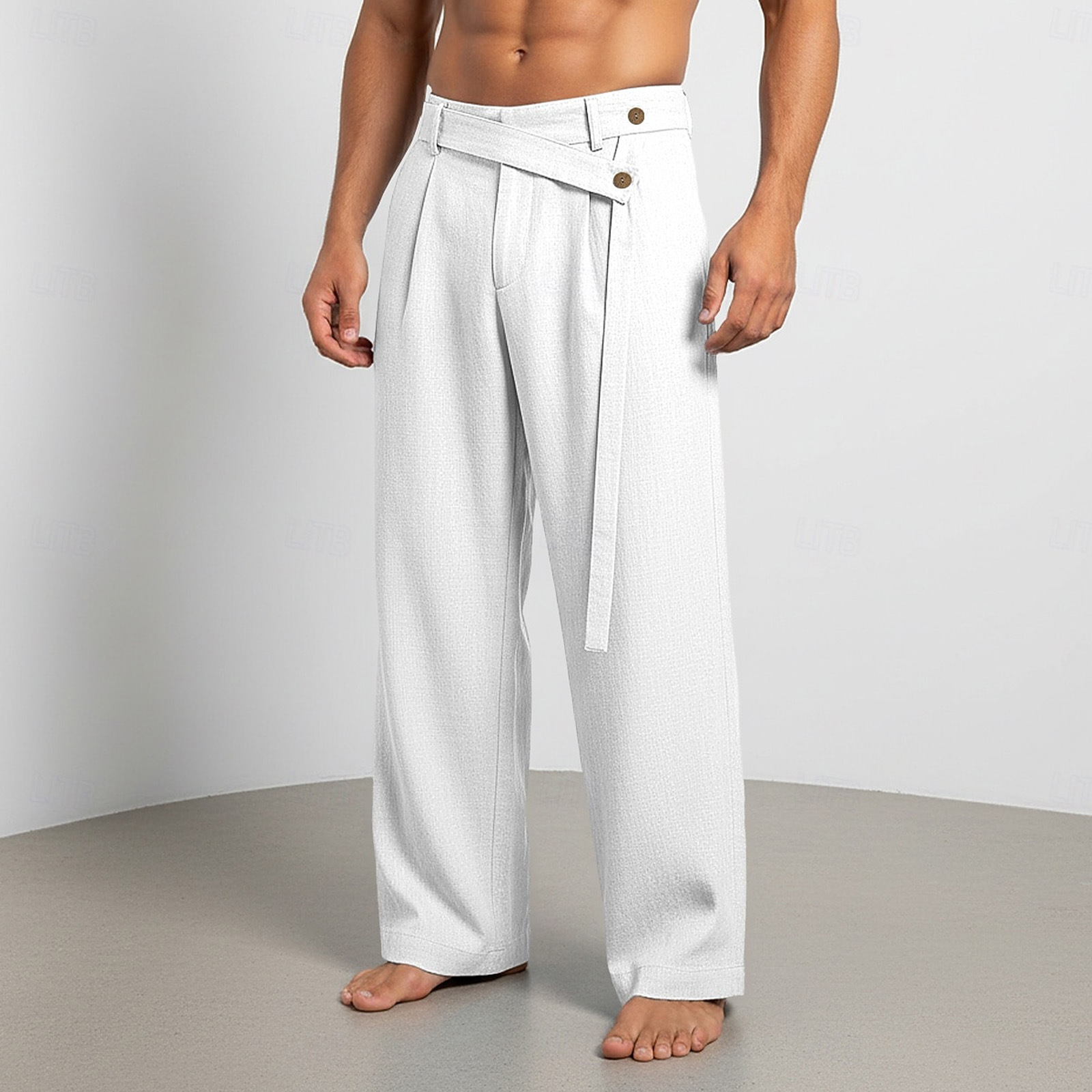 Men's Solid Color Linen Pants Simple Loose Fit High End Straight Leg Casual Midweight Polyester Long Trousers_viptrois.com