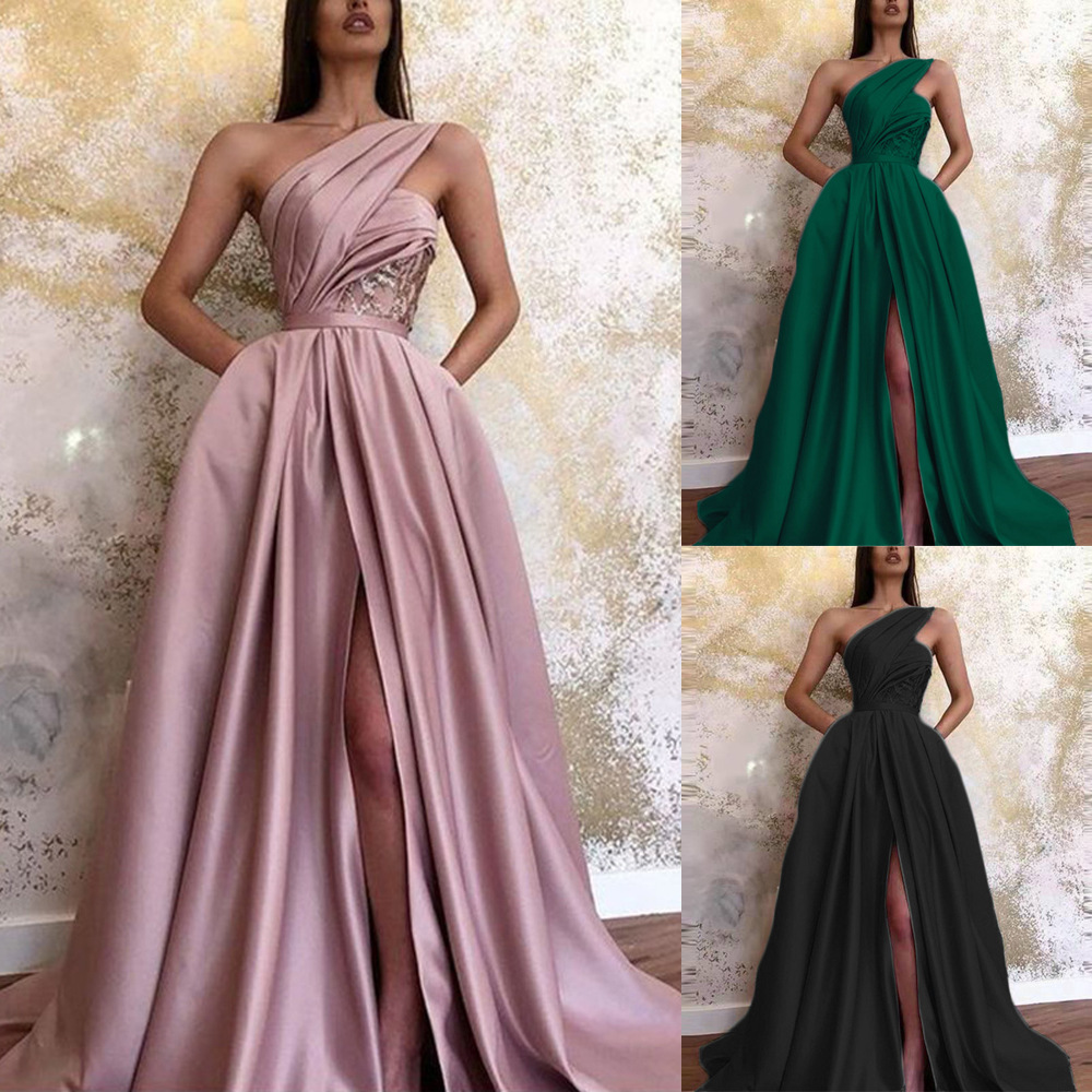 S1604 2025 Cross-Border Summer New European and American Amazon Sexy Slit Shoulder Dress Long Skirt Evening Dress