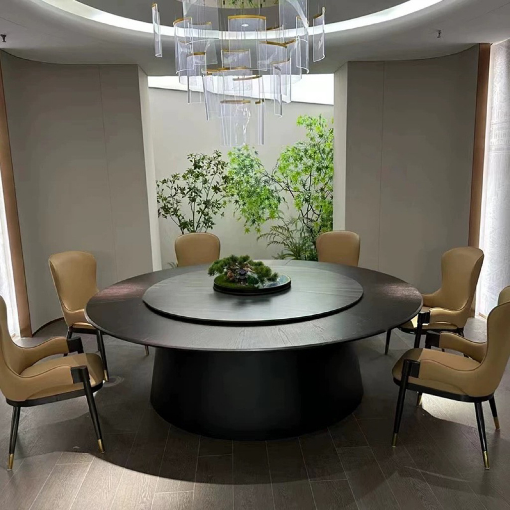 新中式酒店电动转盘餐桌高端1520人岩板大理石别墅会所火锅大圆桌