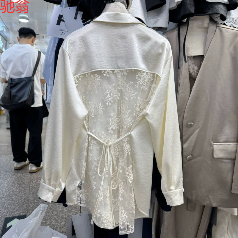 A3I French High-End Lace Splicing Backless Strap Long-Sleeved Shirt for Women Spring Hong Kong Style Lazy Loose Tencel