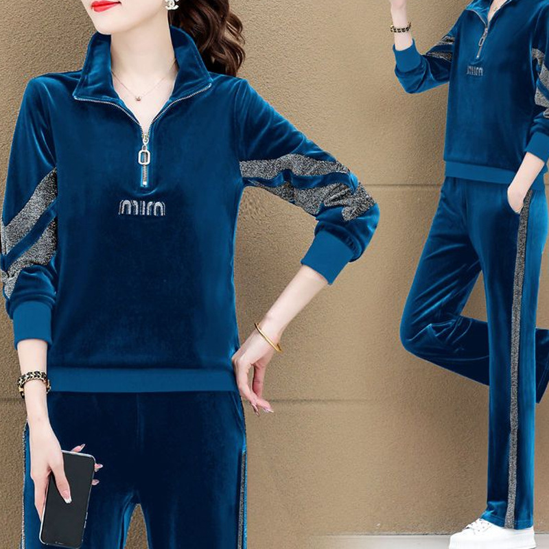 Golden Velvet Sports Casual Wear suit Women's Spring and Autumn 2024 New Loose Wide Leg Pants Age-reducing Elegant Two-piece Set