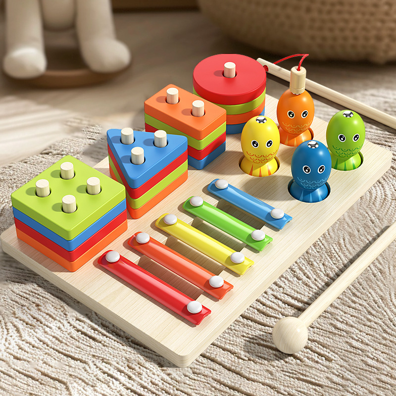Baby Early Education Multifunctional Shape Matching Block Tower, Two-in-One Children's Magnetic Fishing Parent-Child Wooden Toy