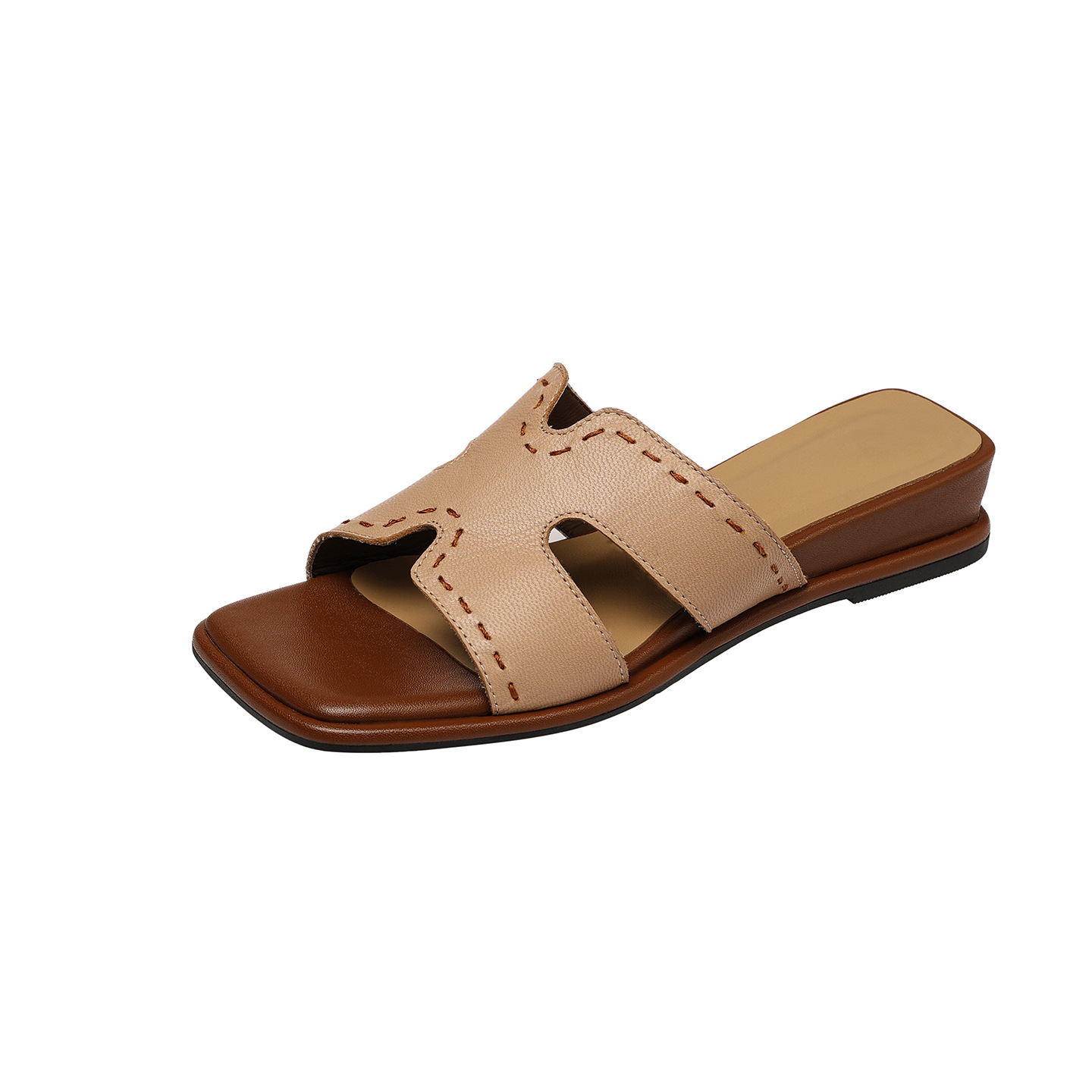 Dép sandal nữ quai chữ V đầu vuông đế bệt da dê — màu nâu