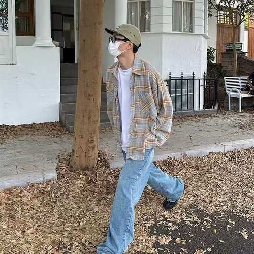 American Retro Flannel Plaid Long-Sleeve Shirt for Men and Women Spring and Autumn Accordion Pocket Leisure Style Couple Shirt Jacket Trendy