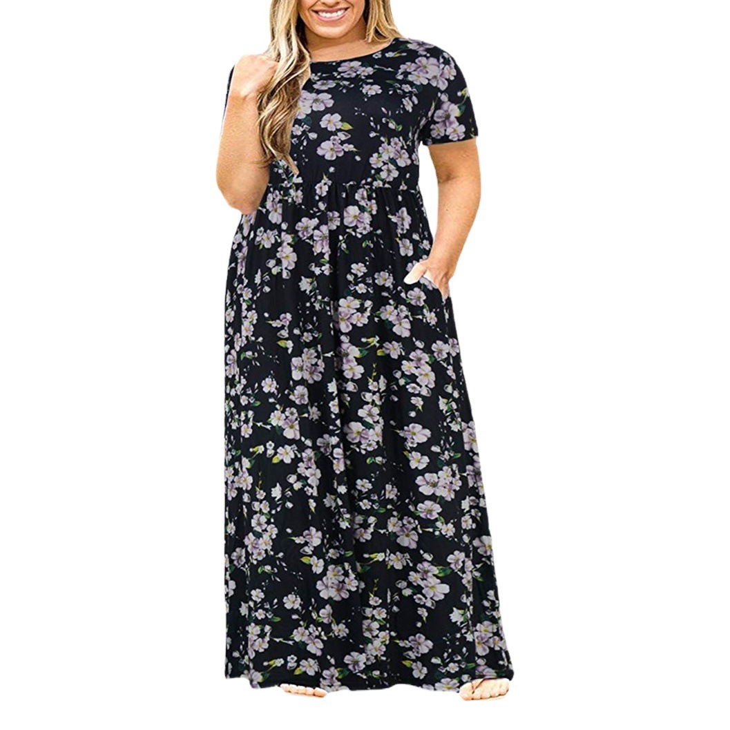 European and American summer large size dress AliExpress Amazon explosion short sleeve solid color round neck printed dress foreign trade