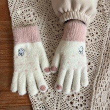 韩系刺绣小兔针织毛线手套女冬季保暖触屏ins五指手套女学生毛绒