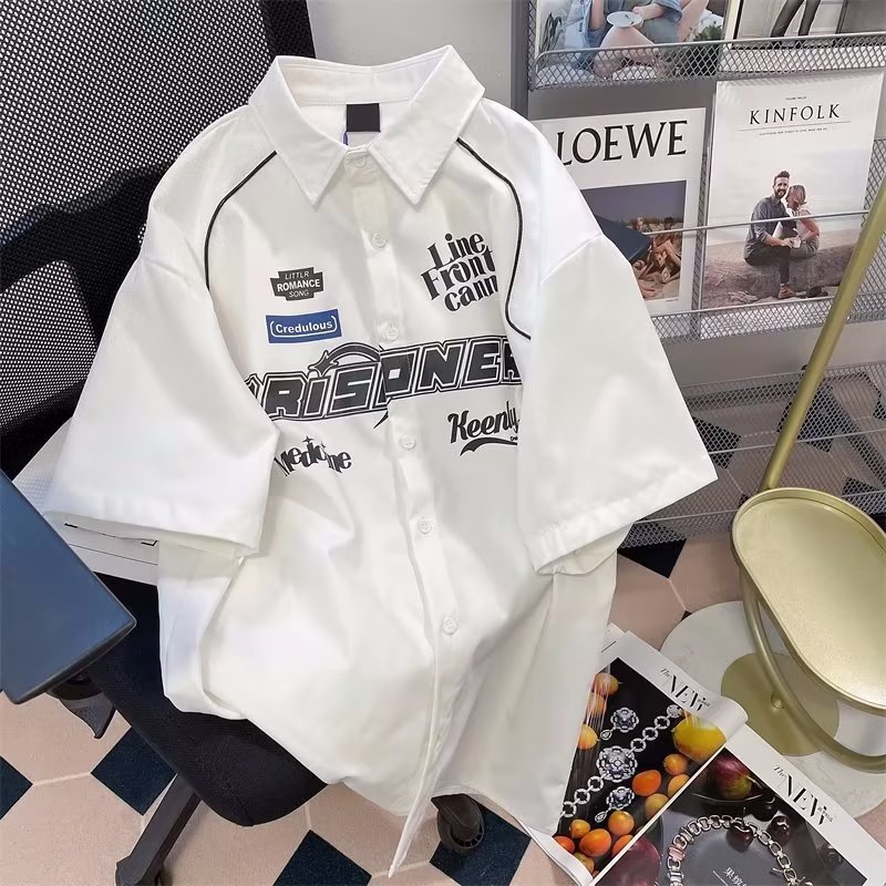 American-style Retro hiphop National Fashion Tooling Short-sleeved Shirt Men's Summer Loose High-end Ins Hong Kong-style Coat Top