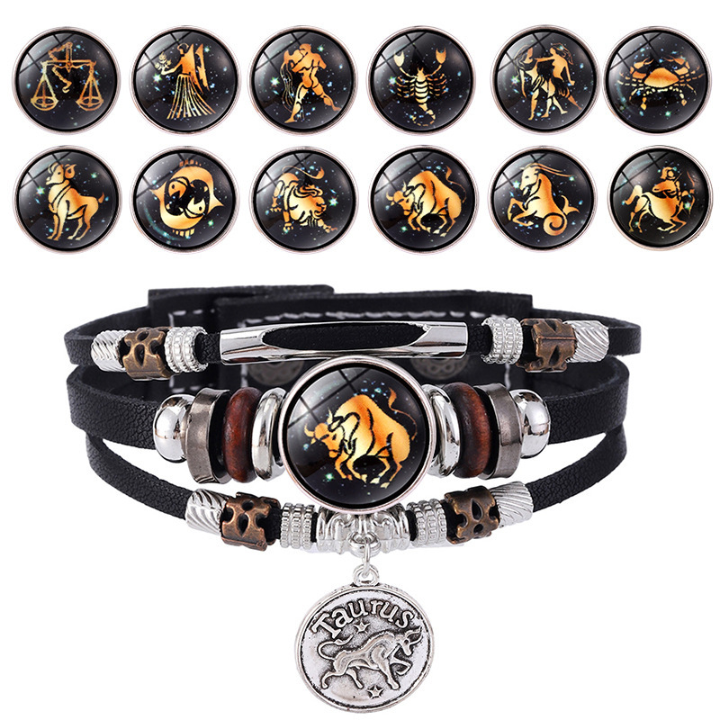 Cross-Border Accessories Twelve Constellations Luminous Leather Bracelet Woven Leather Bracelet Beaded Bracelet Wholesale Fresh and Sweet Style