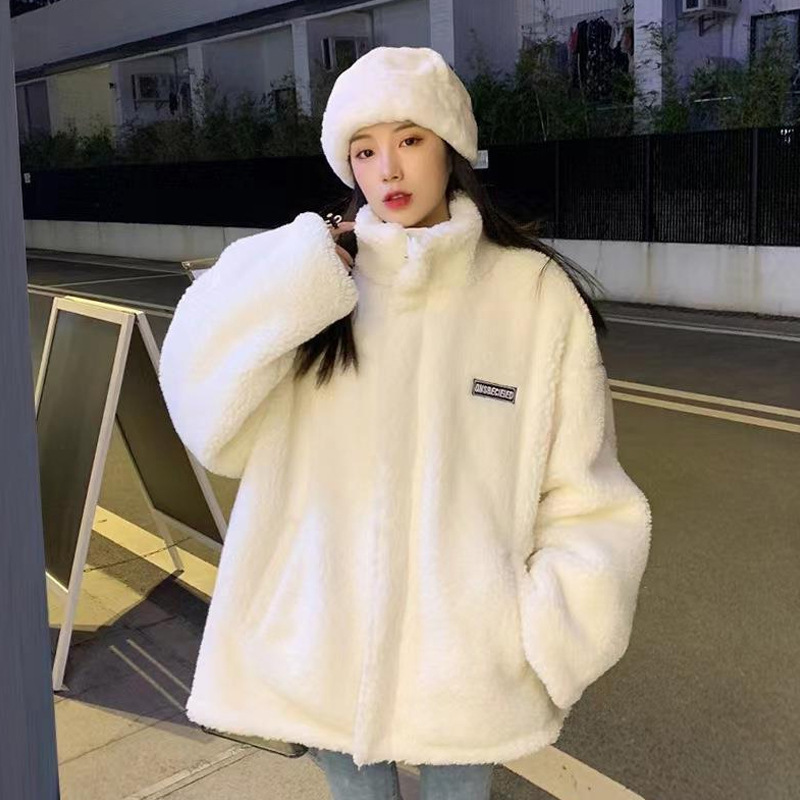 2023 Autumn and Winter Korean Style Stand Collar Long Sleeve Lamb Wool Jacket Casual Petite Cardigan Sweatshirt Mid-Length Top