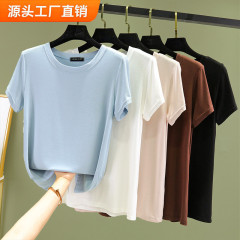 女性のモーダルラウンドネックtシャツ夏のシンプルな半袖の中にシャツを着て、純色の通勤の薄い上着を着ます。