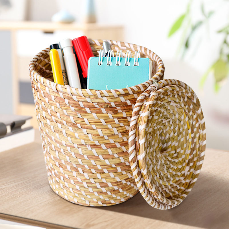 带盖收纳箱仿藤编织宿舍收纳筐大号书本收纳盒玩具杂物零食篮筐子