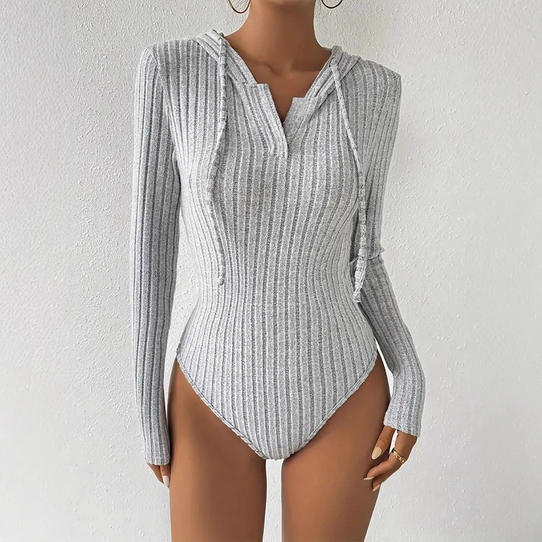 In-Stock Amazon Independent Platform Women's Clothing European and American Cross-Border Knitted Brushed Ribbed Hooded Solid Color Jumpsuit Romper
