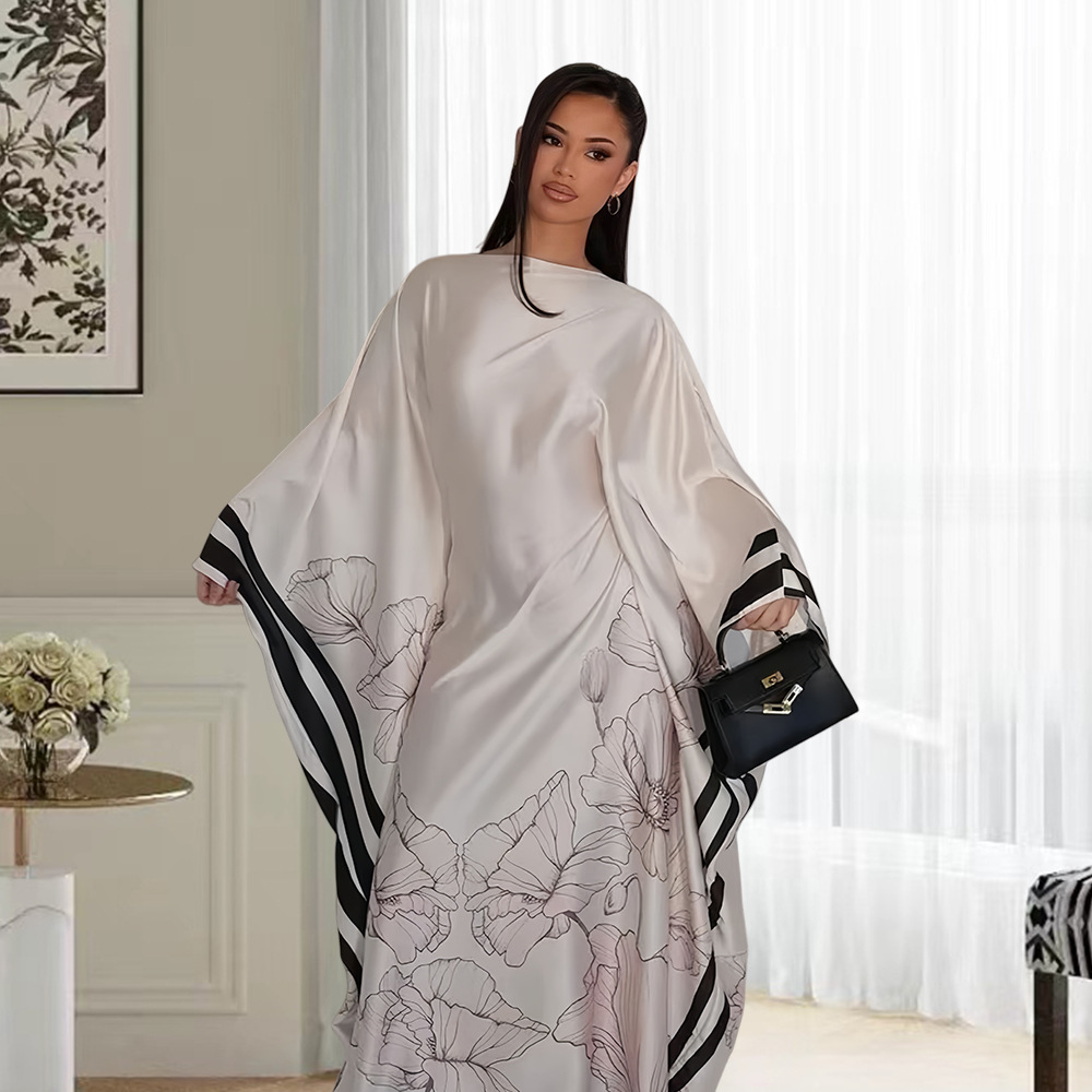 Women's Off-the-Shoulder Satin Dress European American Style Batwing Sleeve Long Gown With Striped Trim Floral Print_ecoleips.com