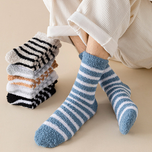 条纹珊瑚绒袜子男士中筒冬季加绒加厚地板袜半边绒不掉毛睡眠男袜