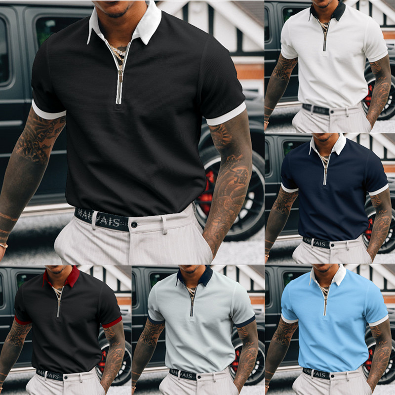 Aliexpress Amazon New Independent Platform Cross-Border European and American Spring and Summer Solid Color Polo Zipper Men's Pod Custom-Made
