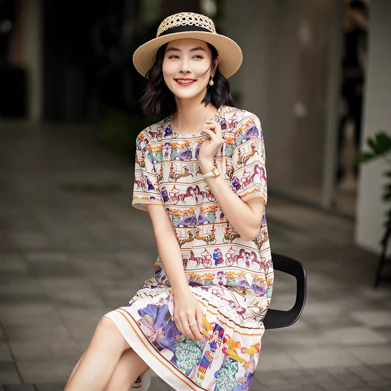 75271 Childlike Carousel Silk Print Dress for Petite Sizes, Printed Cake Dress New Women's Fashion 75271 Childlike Carousel Silk Print Dress for Petite Sizes, Printed Cake Dress New Women's Fashion