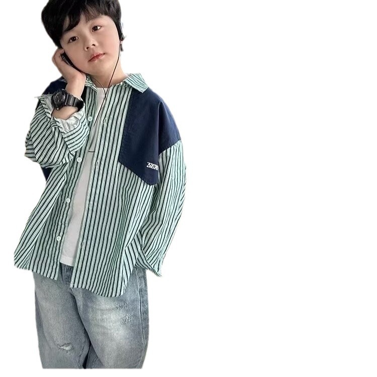 Boys' Long-sleeved Shirt Spring and Autumn New Fashion Stitching Big Boy's Summer Dress Fake Two-piece Shirt Trendy