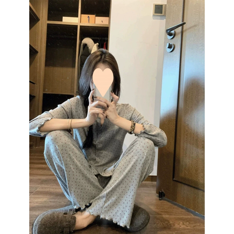 Пижама в корейском стиле 2025, новая весенне-летняя милая цветочная кружевная пижама для девочек с длинными рукавами, брюки, кардиган, домашняя одежда