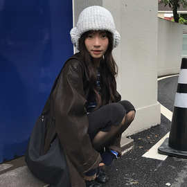2025新款韩系设计感立体花朵针织帽女秋冬纯色简约保暖百搭毛线帽