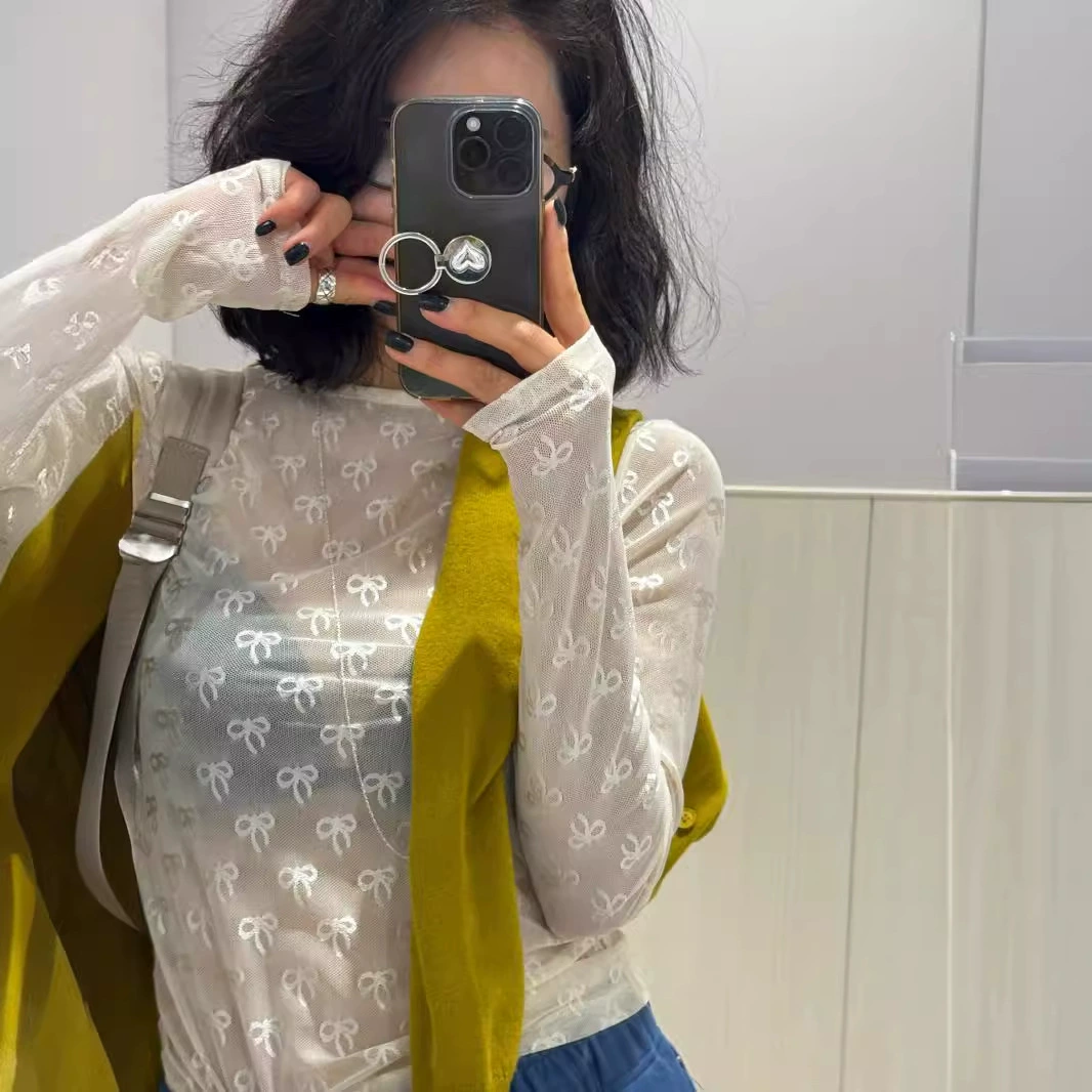 Летние новинки: женская футболка с длинным рукавом в корейском стиле, с милым бантом и эластичной сетчатой основой, в японском стиле.