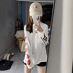 美式高街桃心字母印花长袖t恤女春秋2025新款宽松纯棉打底衫上衣