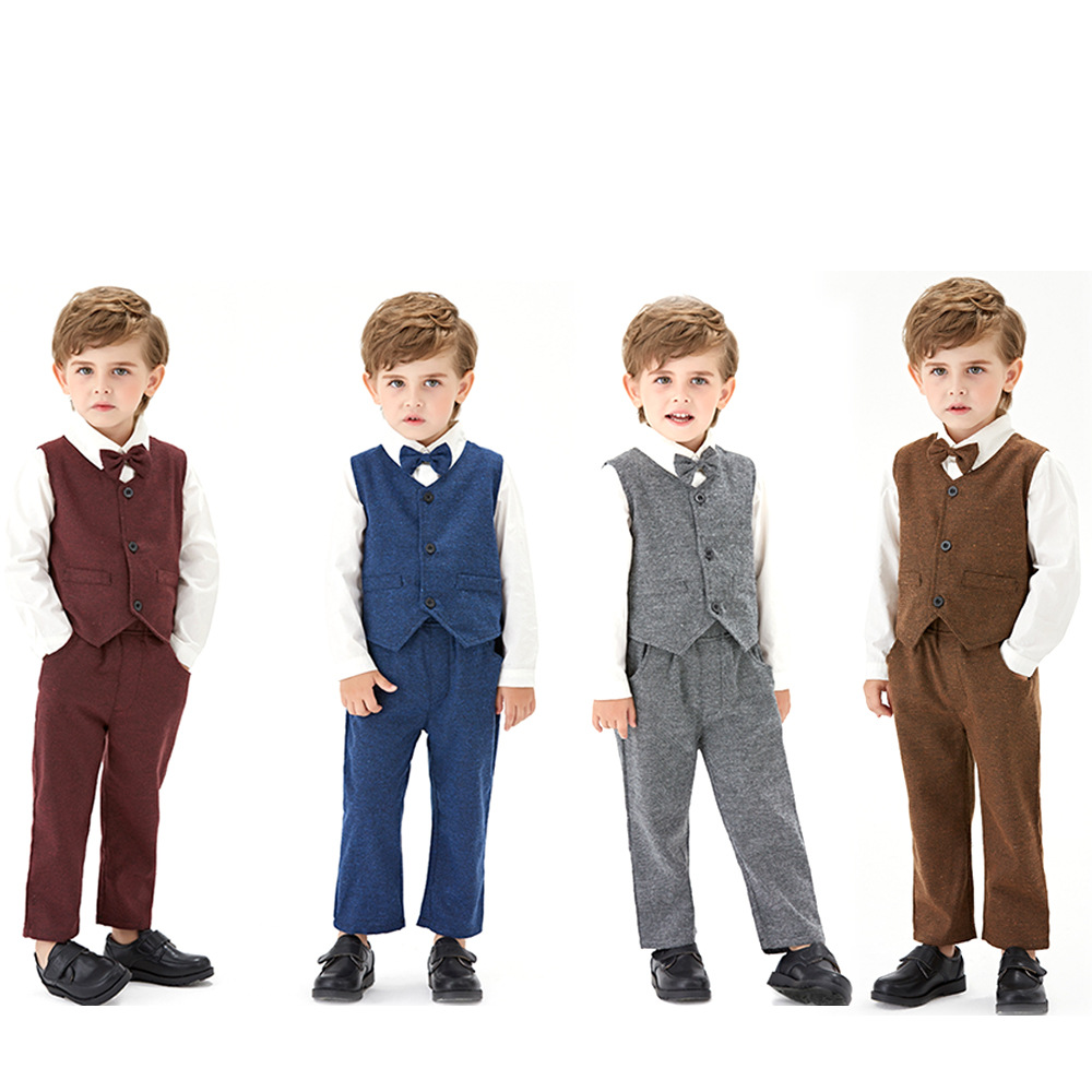 Trajes infantiles transfronterizos otoño comercio exterior camisa de algodón de manga larga chaleco corbata pantalones largos para niños vestido de espectáculo conjunto de tres piezas