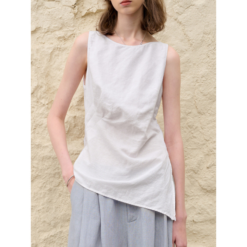 【Clearance Sale】Summer High-End Cotton-Linen Sleeveless Top with Unique Design, Asymmetrical Slit and Pleated Tank Top