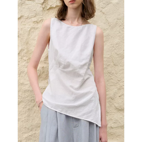 【Clearance Sale】Summer High-End Cotton-Linen Sleeveless Top with Unique Design, Asymmetrical Slit and Pleated Tank Top