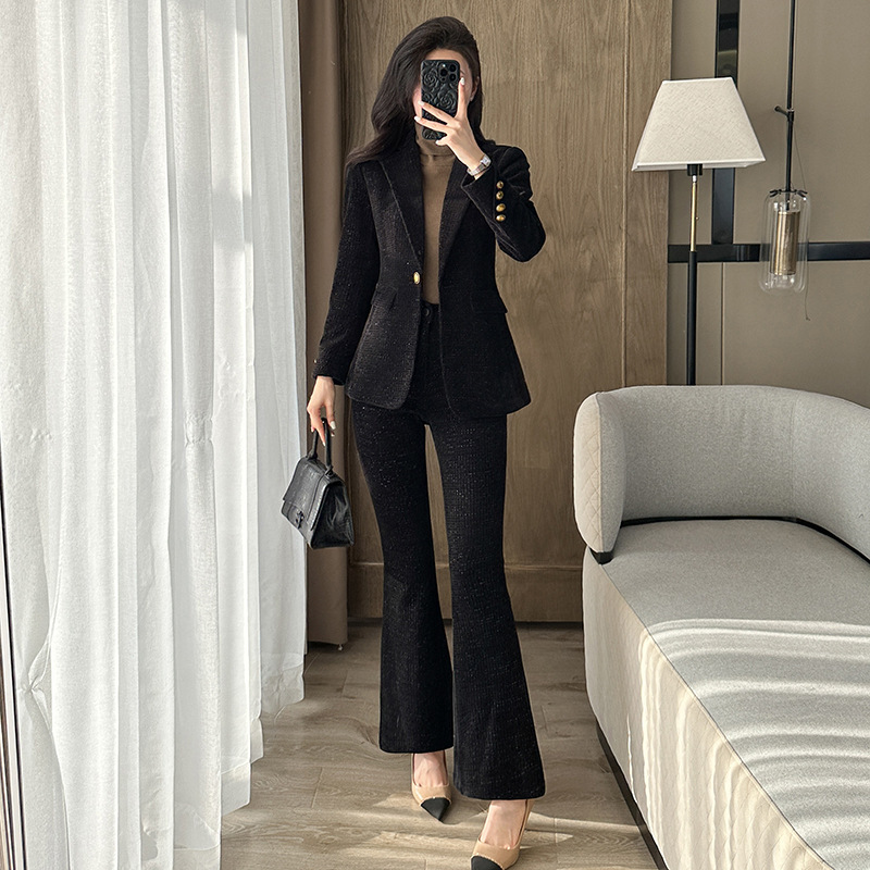 High-end Black Corduroy Suit suit Women Autumn and Winter Temperament Goddess Fan Retro Professional Slim-fit Suit Jacket
