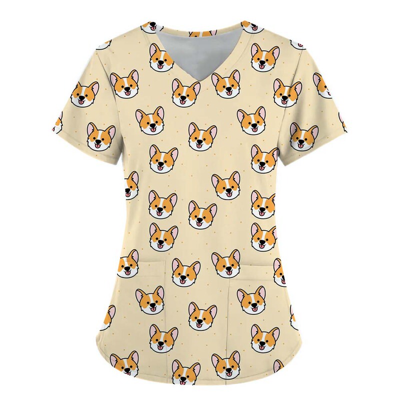 Europe and the United States cross-border source direct selling AliExpress women's T-shirt V-neck nurse clothing commuter comfortable short sleeve female cartoon puppy