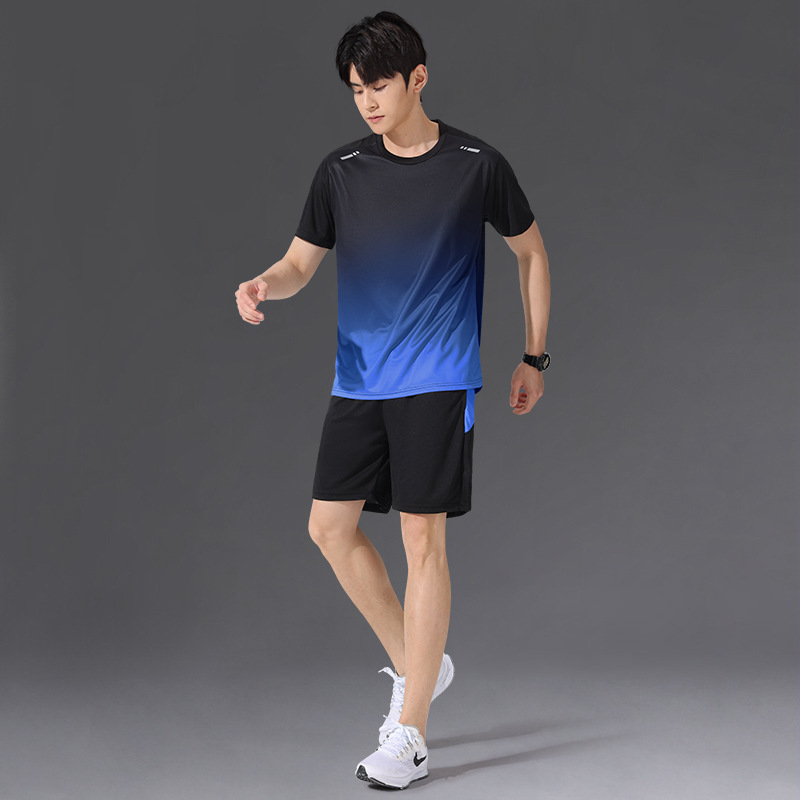 スポーツスーツメンズ速乾性アイスシルク Tシャツ半袖ショーツランニング新しい夏のフィットネス服バドミントン服|undefined