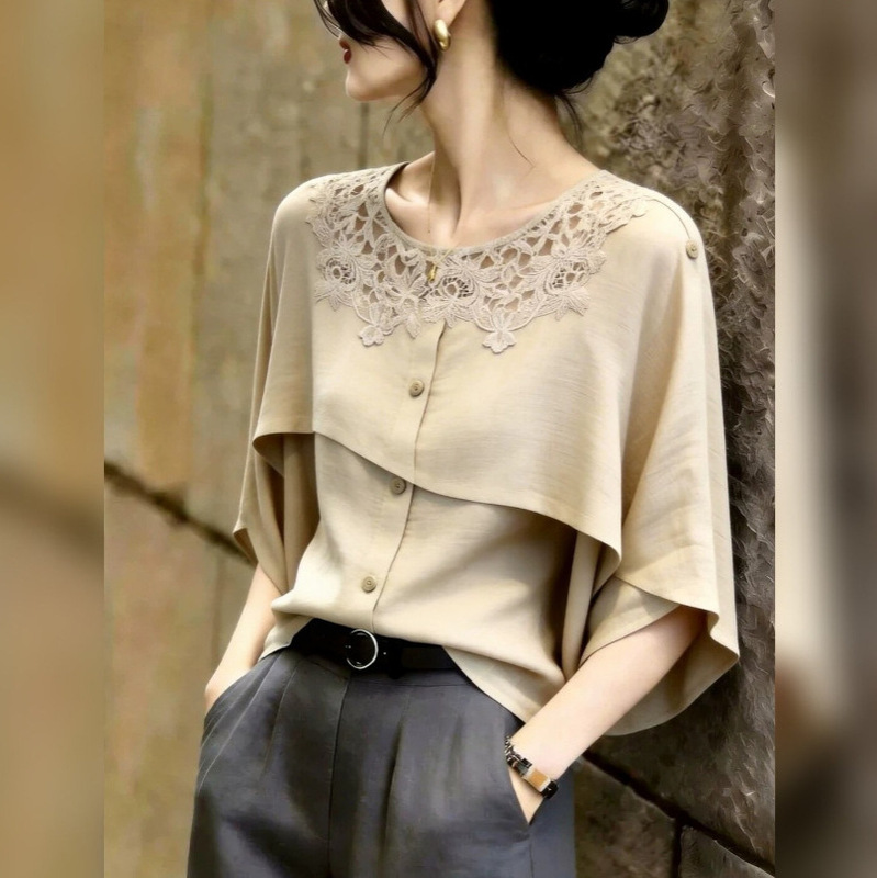 Light luxury lace spliced ruffle sleeve khaki top for women, fashionable, stylish, super good-looking, slimming, versatile, and with a high-end feel