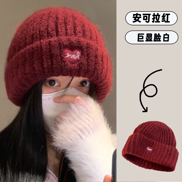帽子女2025新款时尚潮流红色针织帽秋冬大头围毛线帽韩系百搭冷帽|undefined