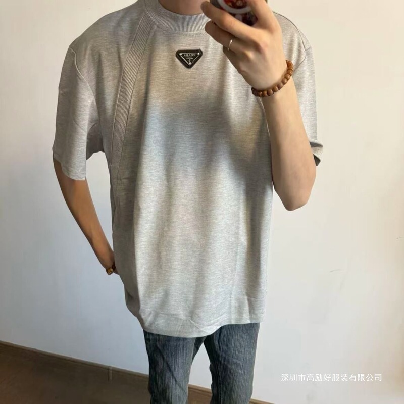 Summer New Style Spliced Triangle Metal Embroidery Round Neck T-Shirt for Men and Women, Versatile Casual Fashion Trendy Brand Short-Sleeved Shirt