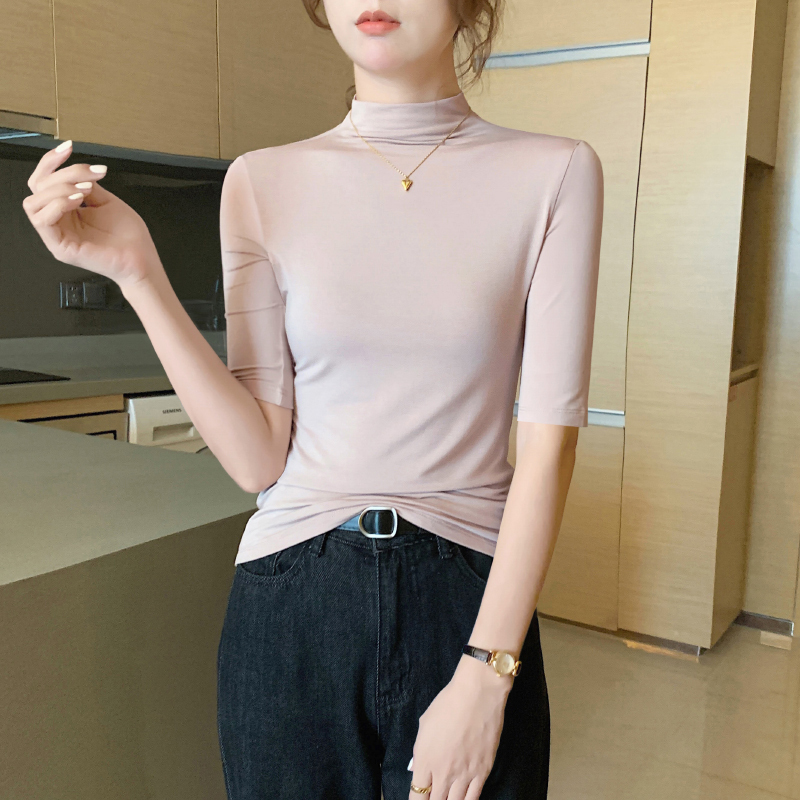 女性用ハーフタートルネックミッドスリーブボトリングシャツ、2025年春秋新作57分袖薄手ミッドカラートップ|undefined